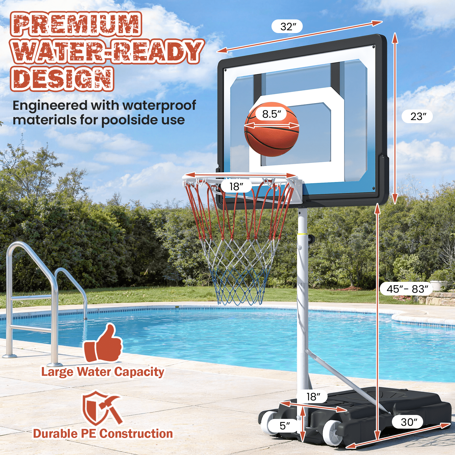 Danrelax Pool Basketball Hoop, Height Adjustable 3.9" to 6.9", Blue PE Frame, Water Base, Includes Air Pump, 8-Inch Rubber Ball, Indoor & Outdoor Use