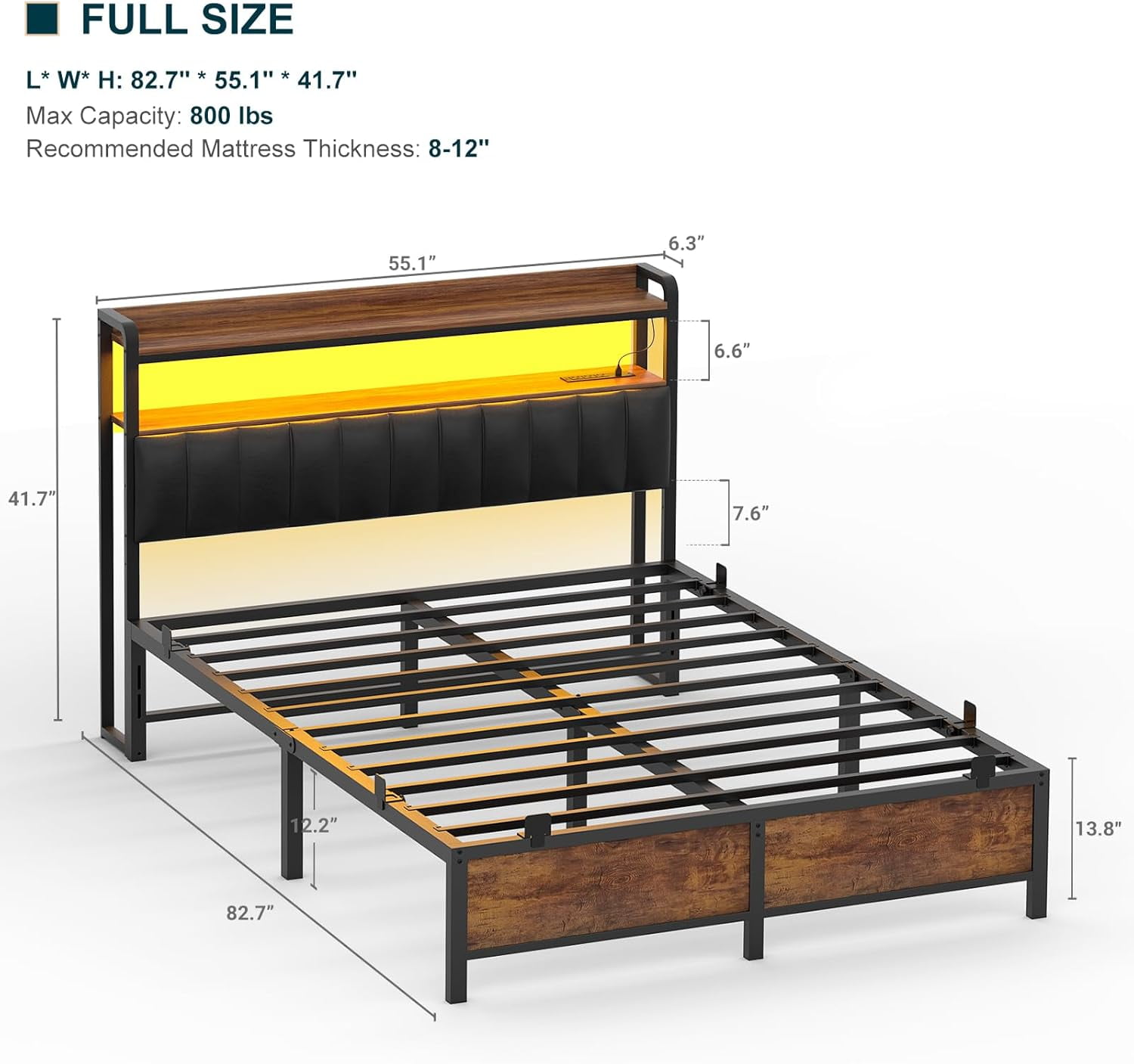 Homieasy Full Size Bed Frame with Charging Station, Adjustable Upholstered Faux Leather Headboard, Industrial Platform Bed with LED Lights, Steel Slat Support, No Box Spring Needed, Rustic Brown