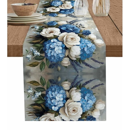 White Blue Spring Floral Table Runner 48 Inches Pastoral Flowers Vintage Bed Runner Dresser Scarves Tabletop for Indoor Outdoor Parties/Ceremony/Banquet 13 x 48