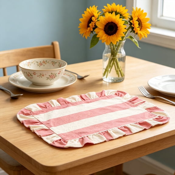 Ruffled Striped Fabric Placemats Rectangular Washable Table Mats Cottage Core Style Kitchen Dining Room Decor Soft Textured Table Protectors For Everyday Use