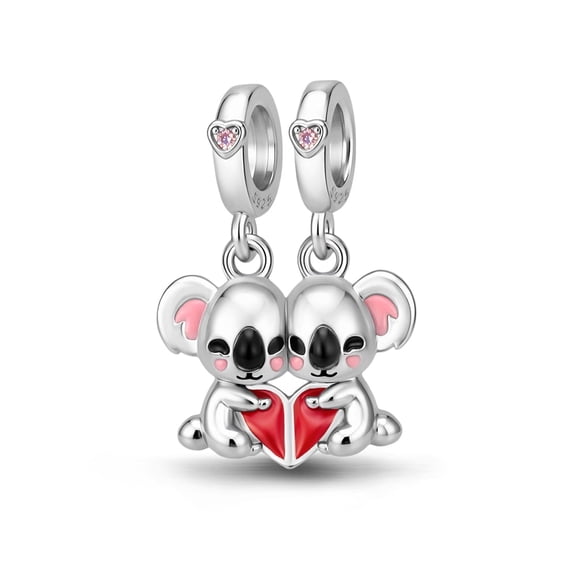 S925 Sterling Silver Koala Couple 2-in-1 Dangle Charm Pink Zircon Split Heart Bead for DIY Bracelets and Necklaces