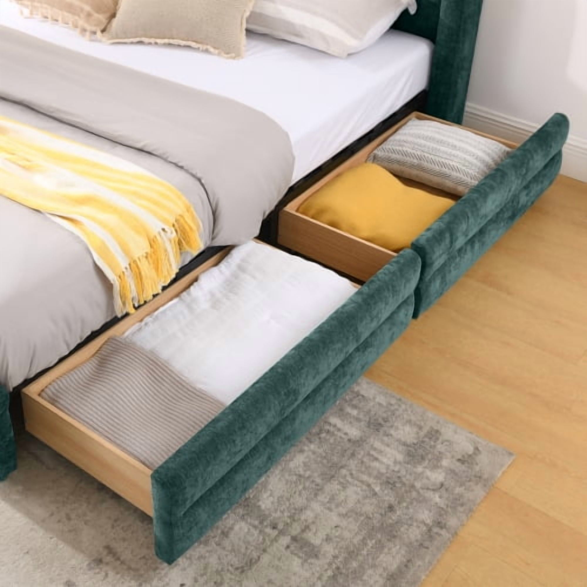 Queen Upholstered Bed Frame with Storage Drawers, Modern Platform Bed with Soft Chenille Fabric Headboard, Solid Wood Slat Support, No Box Spring Needed, for Bedroom, Blue+Green
