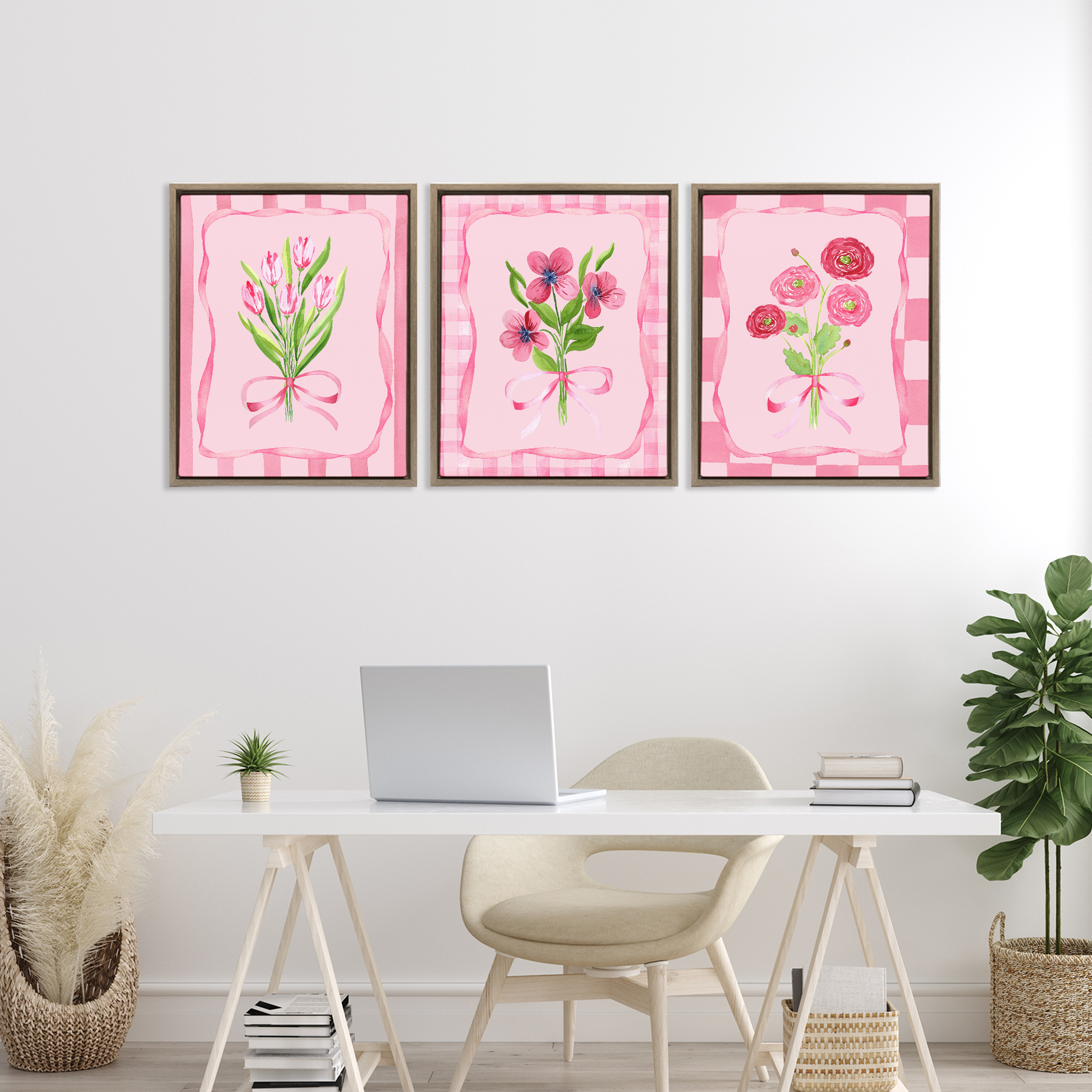 Pretty & Sweet Bordered Flowers 3 Piece Brown Framed Floater Canvas Set, design by Nina Jacobs