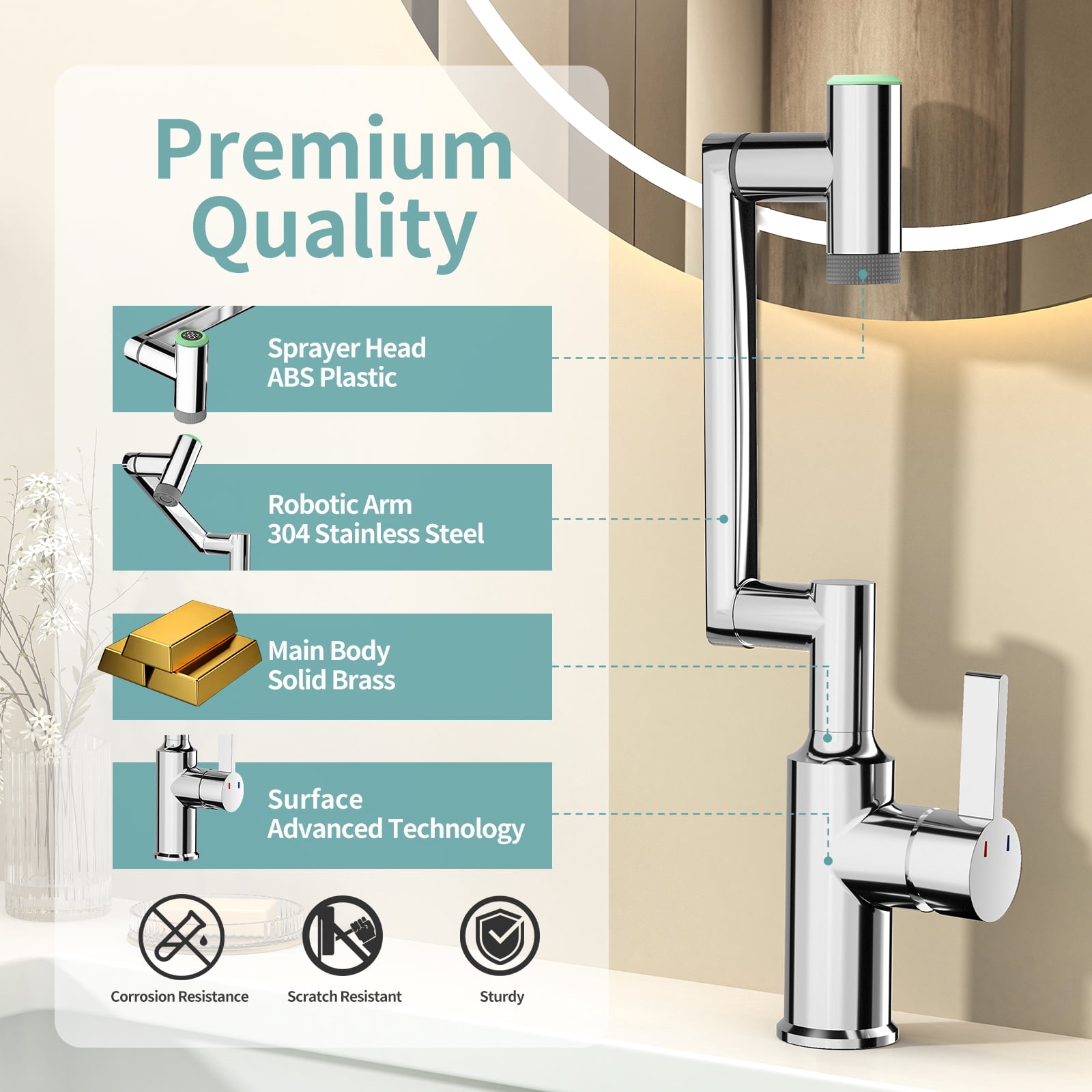 KAIYING Rotatable Bathroom Faucet with Digital Temperature Display, 1080 Degree Swivel Single Handle Sink Tap with 2 Spray Modes, Chrome
