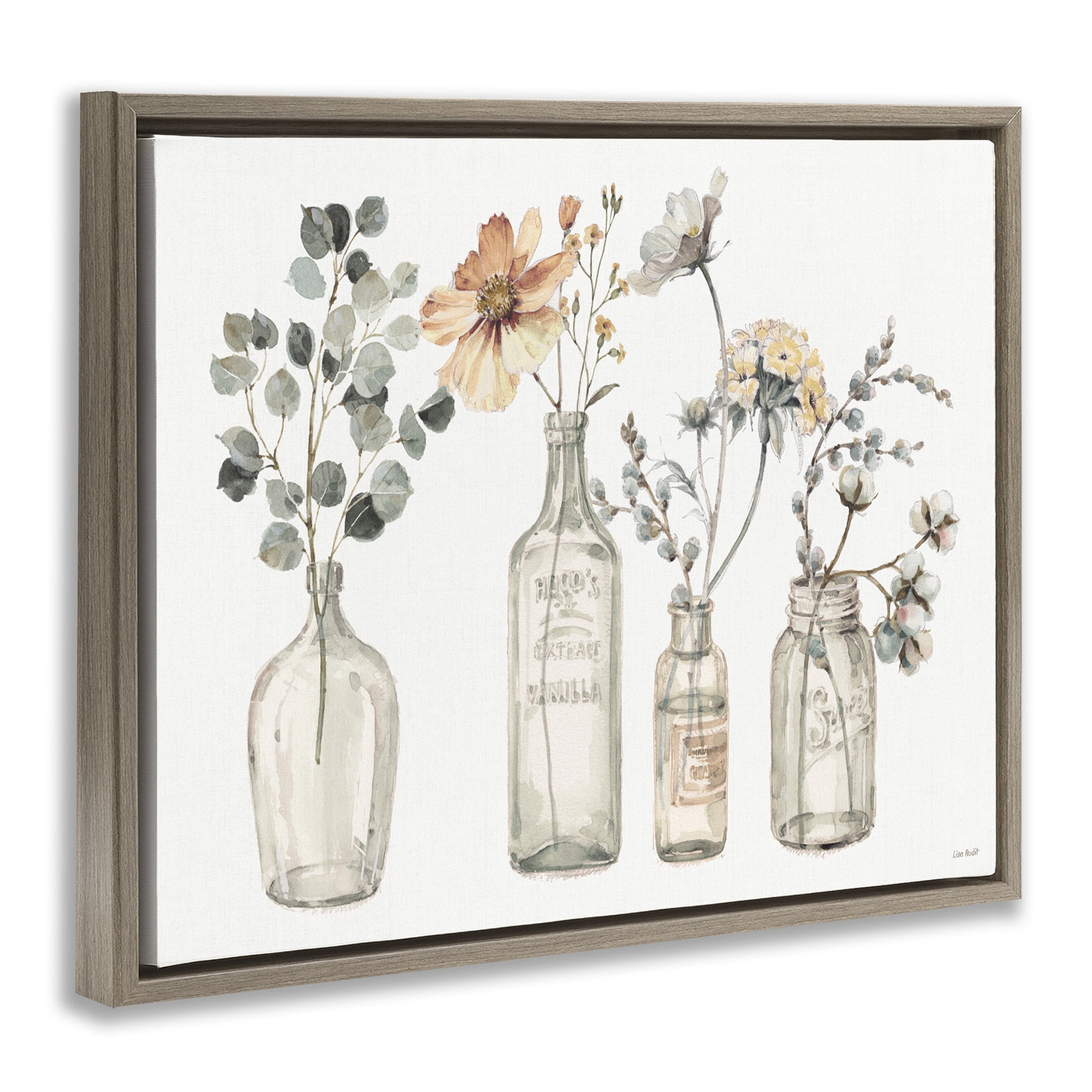 Stupell Industries Antique Floral Bouquets in Jars Botanical & Floral Painting Brown Floater Framed Canvas Art Print Wall Art, 31 x 25