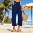 thumbnail image 4 of Kinrui Cotton Linen Capri Pants for Women Wide Leg Capris Pant Summer Boho Dressy Casual Elastic Waist Beach Trousers with Pockets Navy S, 4 of 7
