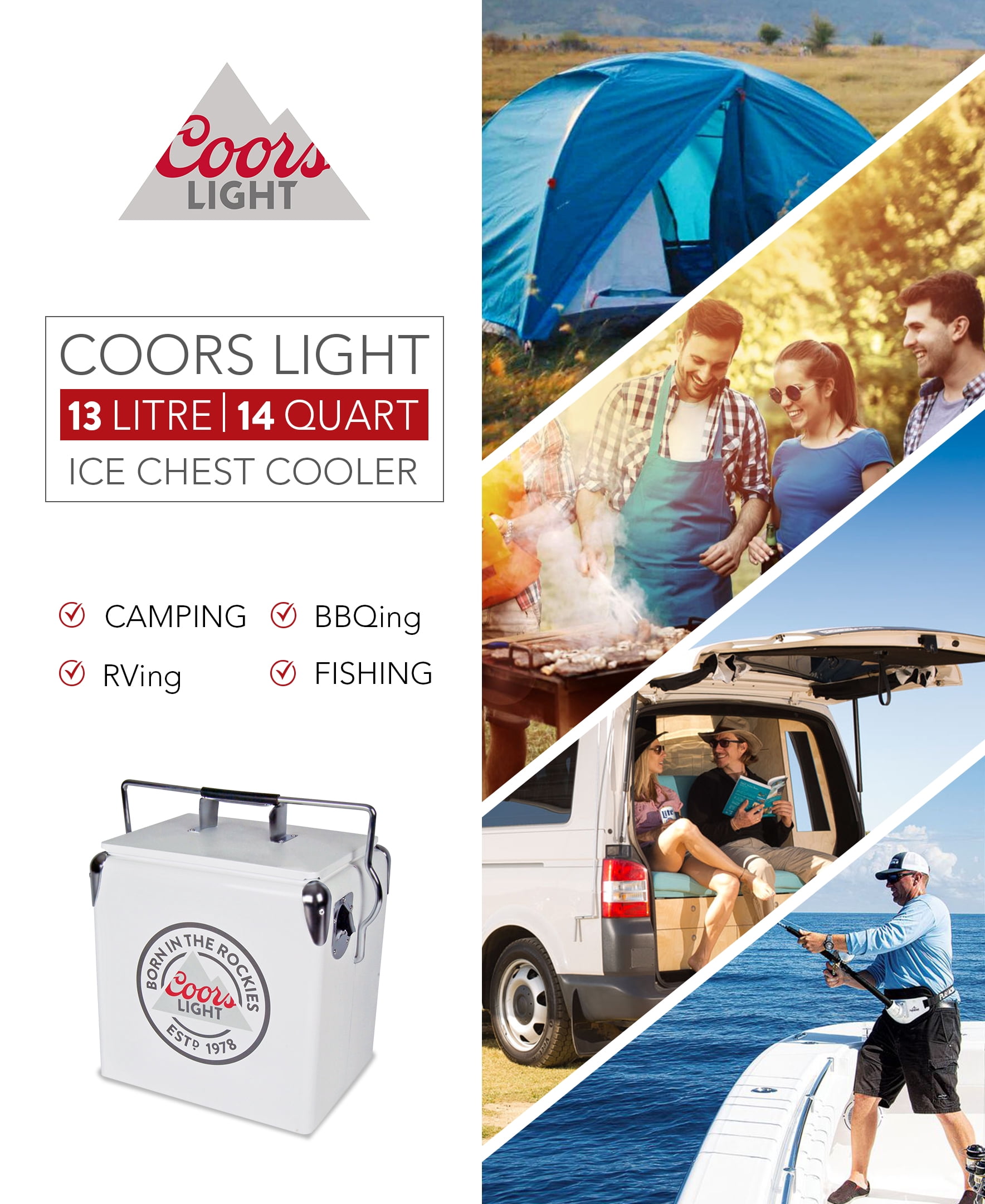 Coors Light Retro Ice Chest Cooler with Bottle Opener 13L (14 qt), White and Silver