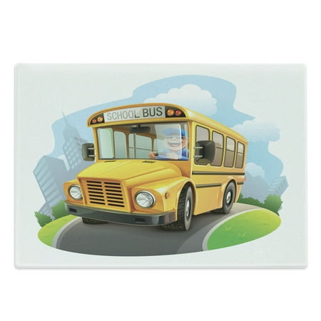 

School Bus Cutting Board Bus Driver Laughing and Driving Cartoon Funny Drawing Wheels on the Road Decorative Tempered Glass Cutting and Serving Board in 3 Sizes by Ambesonne