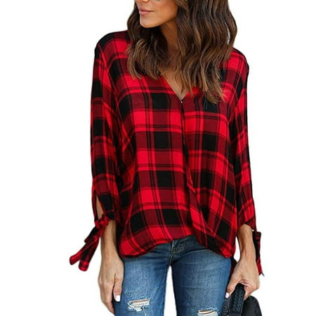 Issac Live - Women Casual Plaid V Neck 3 4 Long Sleeve Blouses Tops ...