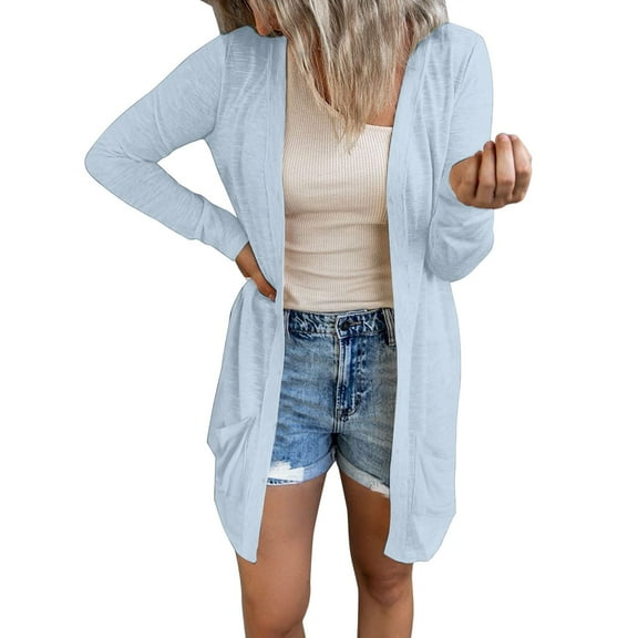 Womens Open Front Lightweight Long Cardigan Solid Color Loose Solid Outerwear With Pockets