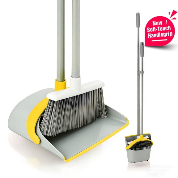 Eyliden Broom and Dustpan Set, Upright Stand Dustpan with Comb for Remove Dust, Extendable to 52”, Grey