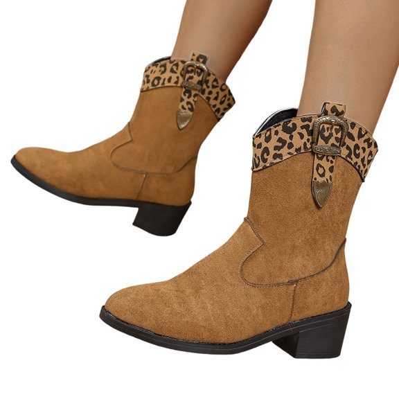 Willtoo Work Boots For Women Leopard Print Fashionable Short Boots with Belt Buckle Design, Round Toe Low Heel Casual Ankle Boots, Slip-Resistant Durable Comfortable Short Western Boots