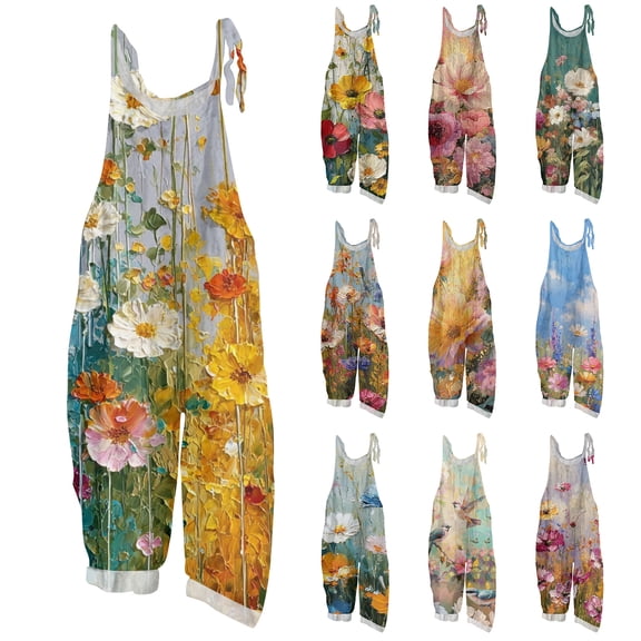Women Vintage Oil Painting Floral Print Bib Overalls Loose Fit Cotton Linen Jumpsuit Casual Sleeveless Suspender Pants With Pockets 5XL