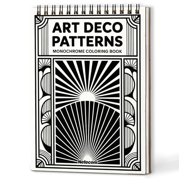Art Deco Patterns Monochrome Coloring Book Spiral Bound for Adults, A5 Wooden Cover, Relaxing One-Color Illustrations with Geometric Shapes and Vintage Motifs for Mindfulness, Stress Relief