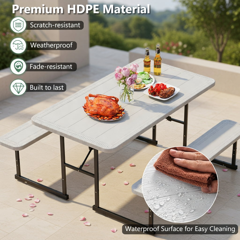 Hommoo Outdoor Picnic Table and Bench Set for 2-4 People, Rectangular HDPE Dining Table with Metal Frame, Weather-Resistant & Easy-Clean Design, White