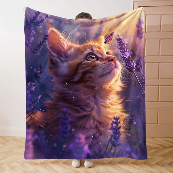 Cozy Lavender & Cat Print Flannel Throw Blanket - Soft, Lightweight & Warm for All Seasons - Perfect for Bed, Sofa, Office, Camping & Travel