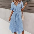 thumbnail image 2 of Summer Dresses for Women Women's Summer Bohemian Print Short Sleeve Button Bandage Knee Length Dress Blue S, 2 of 8