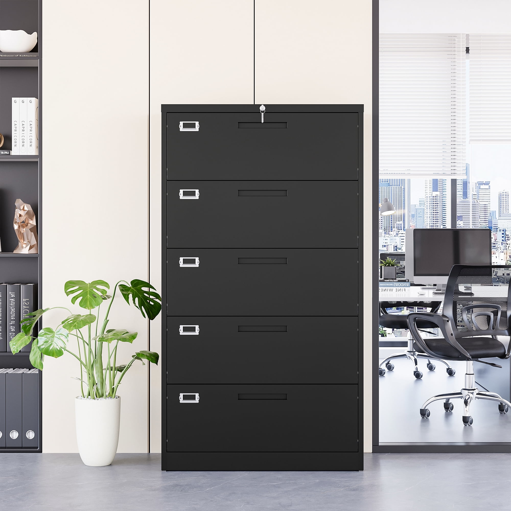 Fesbos 5 Drawer File Cabinet with Lock,Metal Lateral Filing Cabinets for Home Office Hanging Files Letter/Legal/F4/A4 Size, Assembly Required - Black