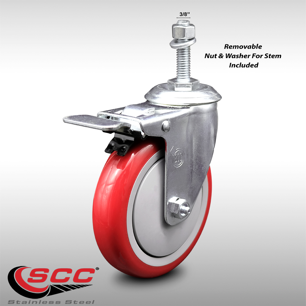 Stainless Steel Polyurethane Swivel Threaded Stem Caster w/5" x 1.25