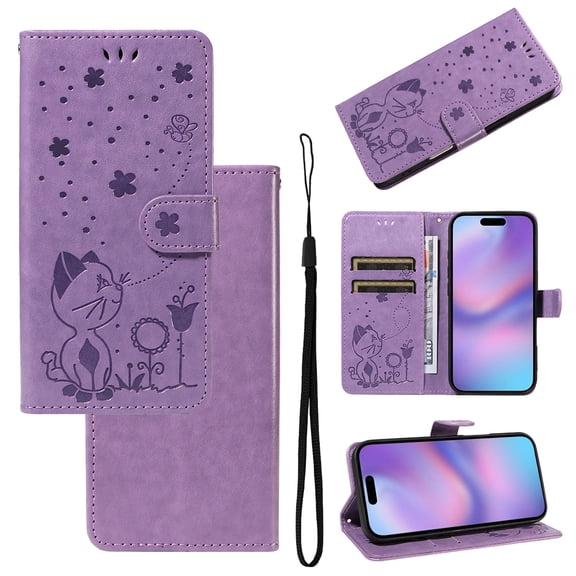 Cute Cat Embossed Pattern PU Leather Wallet Phone Case for iPhone 16e/17e,Magnetic Closure Shockproof Flip Kickstand RFID Blocking Credit Card Slots Cash Pocket Slim Case,Purple