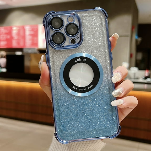 Case for iPhone 16 Plus with Gradient Glitter,[Compatible with MagSafe] Luxury Plating Cute Clear Bling Case for Women Girls Shockproof TPU with Lens Protectior Case Cover - Blue