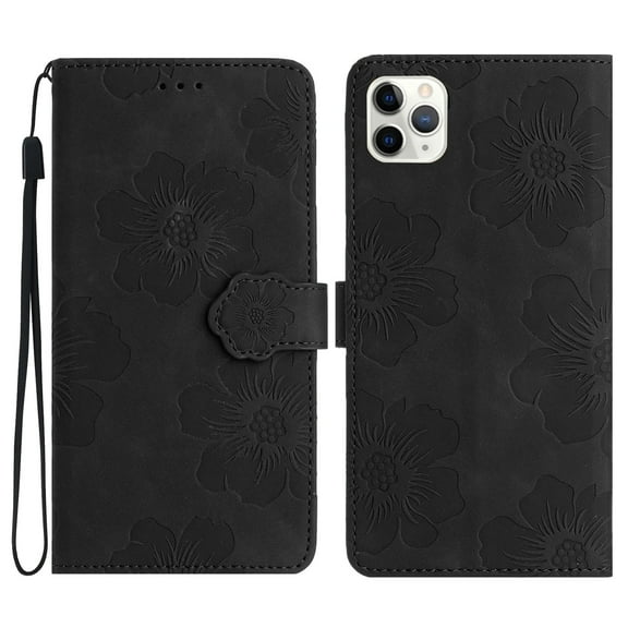 SaniMore Case for iPhone 14 Pro Max 6.7" 2022, [Card Slots + Cash Pocket + Removeable Wrist Strap] PU Leather Embossed Flower Flip Kickstand 360° All-around Protective Wallet Shell, Black