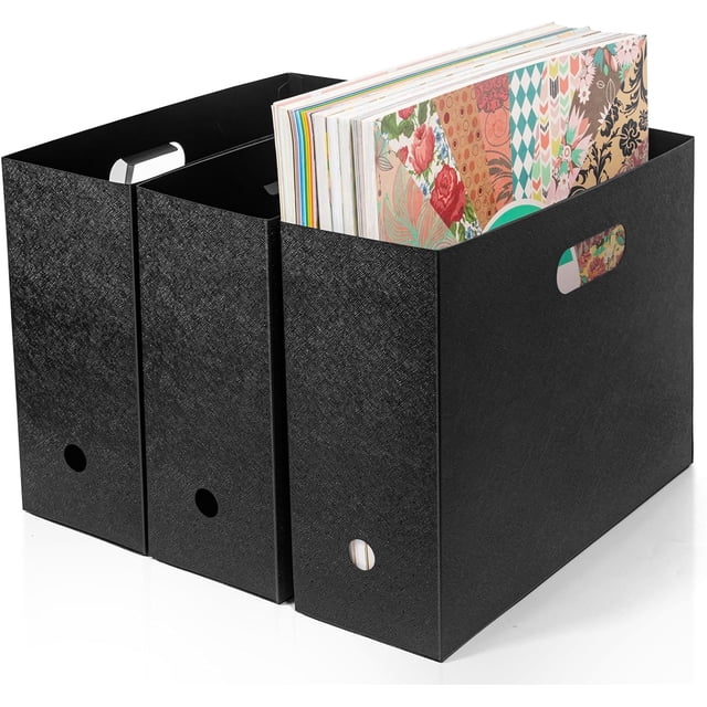 Foldable Storage Magazine Rack for Scrapbooking Paper, Plastic File Magazine Holder, Black, Set of 3