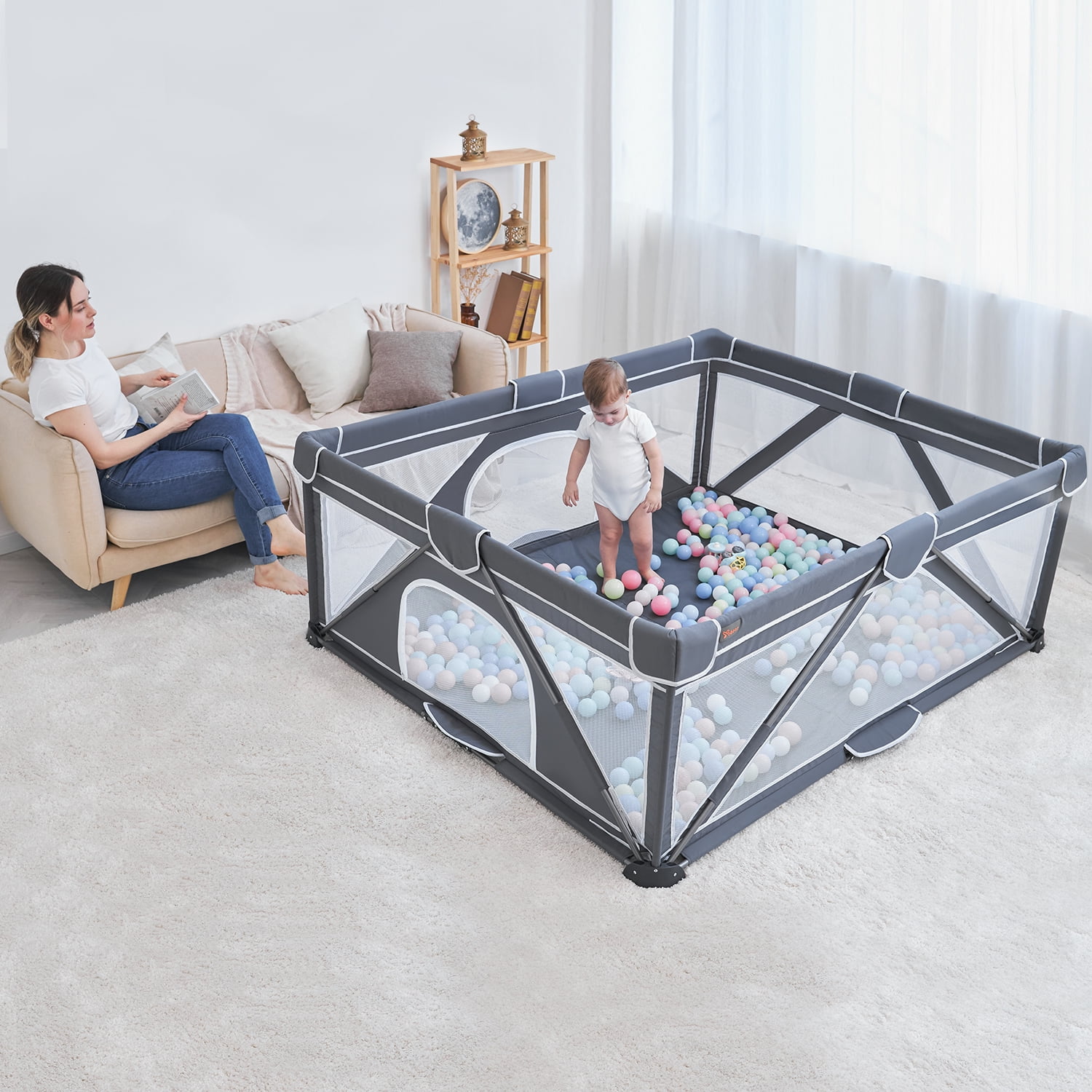 Yobear Baby Playpen, Foldable Playpen for Babies and Toddlers, Indoor & Outdoor Baby Activity Center with Visible Breathable Mesh, Portable Play Yard with 2 Handlers+50 Balls-50”×50”(Black)