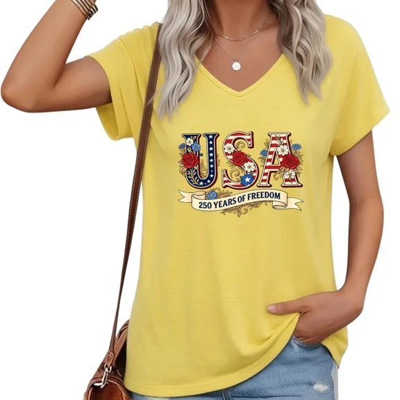 UNISHE Women USA Patriotic V-Neck T-Shirt 250 Years of Freedom Floral Vintage Short Sleeve Tee S-5XL
