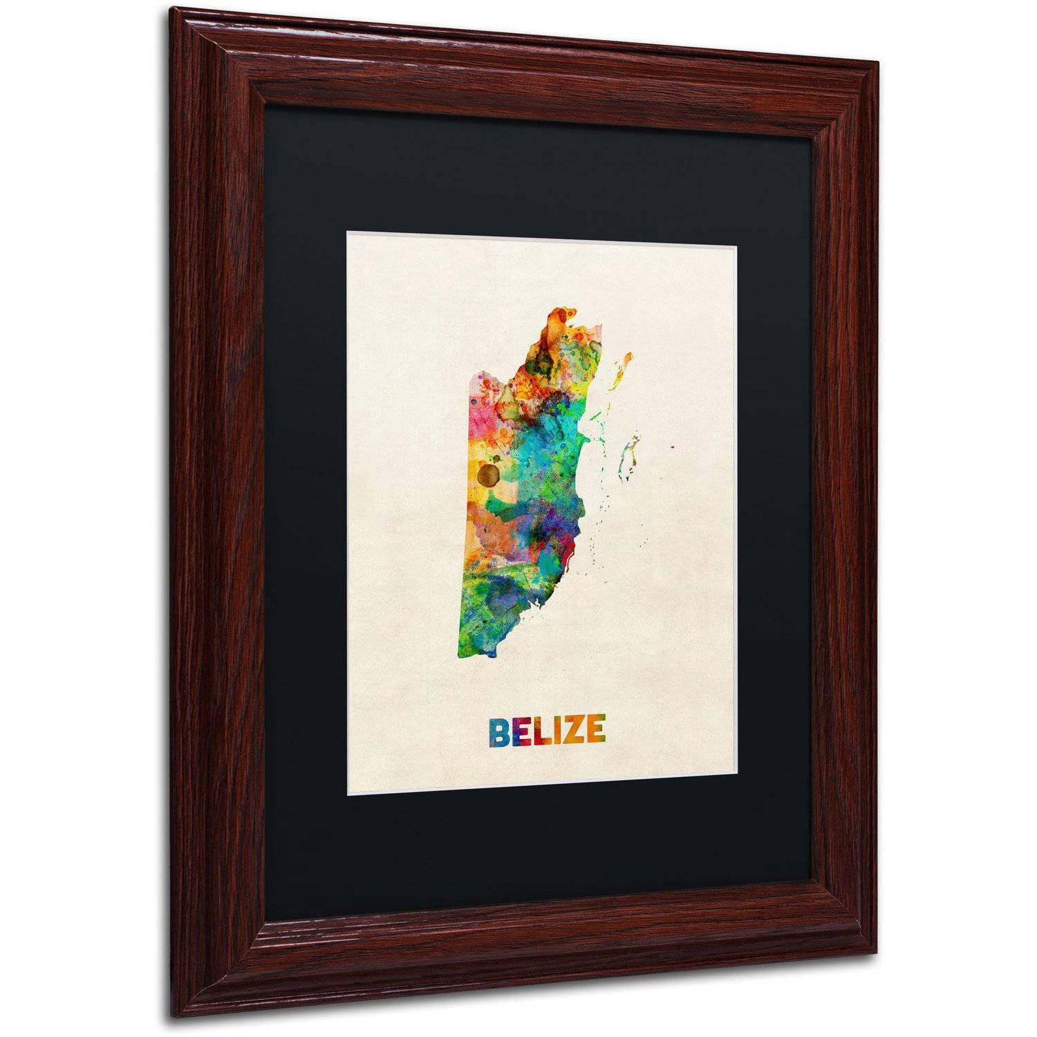 Trademark Fine Art "Belize Watercolor Map" Canvas Art by Michael Tompsett Black Matte, Wood Frame