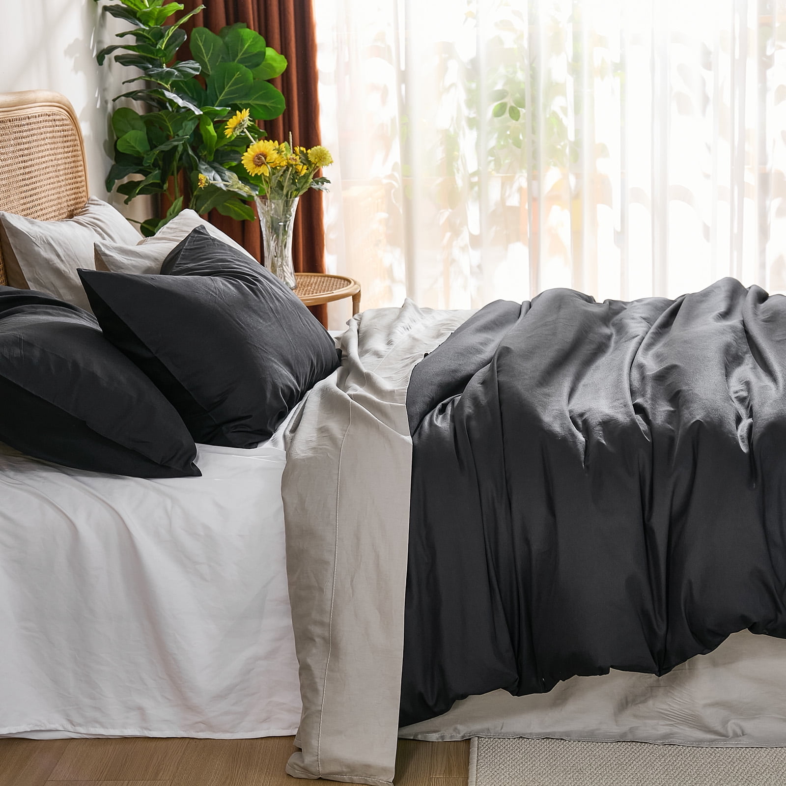 100% Washed Cotton Duvet Cover –Black, Linen-Like Texture, Super Soft & Breathable Bedding Set, 3-Piece Durable Percale Comforter Cover