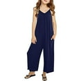 thumbnail image 5 of Toddler Kids Girls' Casual Sleeveless Jumpsuits Spaghetti Strap Loose Romper Wide Leg Long Pants with Pockets, Summer Fashion Cute Solid Color Suspenders Clothes Navy qILAKOG 3-4 Years, 5 of 6