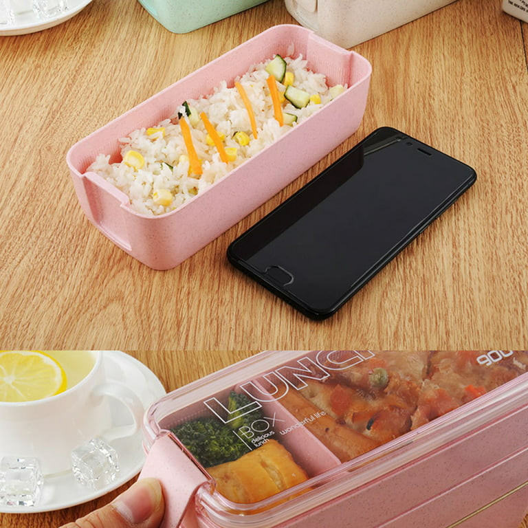 Aousin 900ml Bento Box Compartment 3-Layer Lunch Fresh Case Wheat Straw for Home Office (Pink), Adult Unisex, Size: One Size