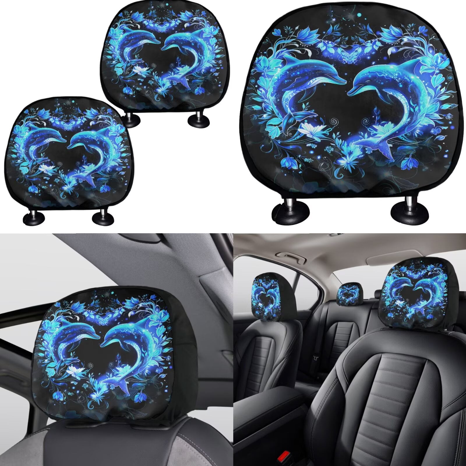 Jeiento Dolphin Car Seat Cover Split Covers Full Set 11 PCS, with Headrest Cover Keychain Coasters Love Heart Handbrake Cover Gear Shift Knob Cover for Men Women, Easy to Install