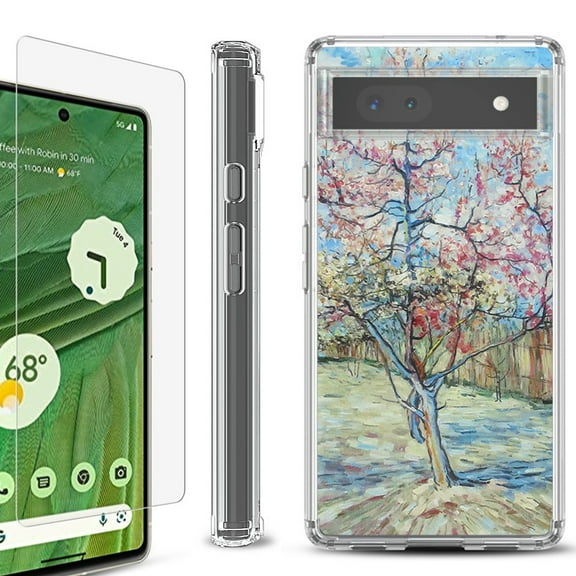 Shockproof Bumper Phone Case for Google Pixel 6a, with Tempered Glass Screen Protector, by OneToughShield ® - Blossom Tree