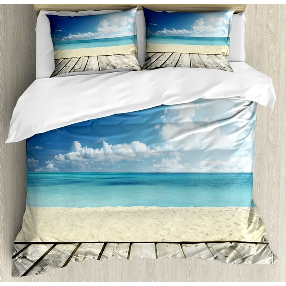 Landscape Duvet Cover Set, Tropical Beach from Wooden Pier Sky Seascape Summer View Image, Decorative 3 Piece Bedding Set with 2 Pillow Shams, King Size, Cream Turquoise White, by Ambesonne