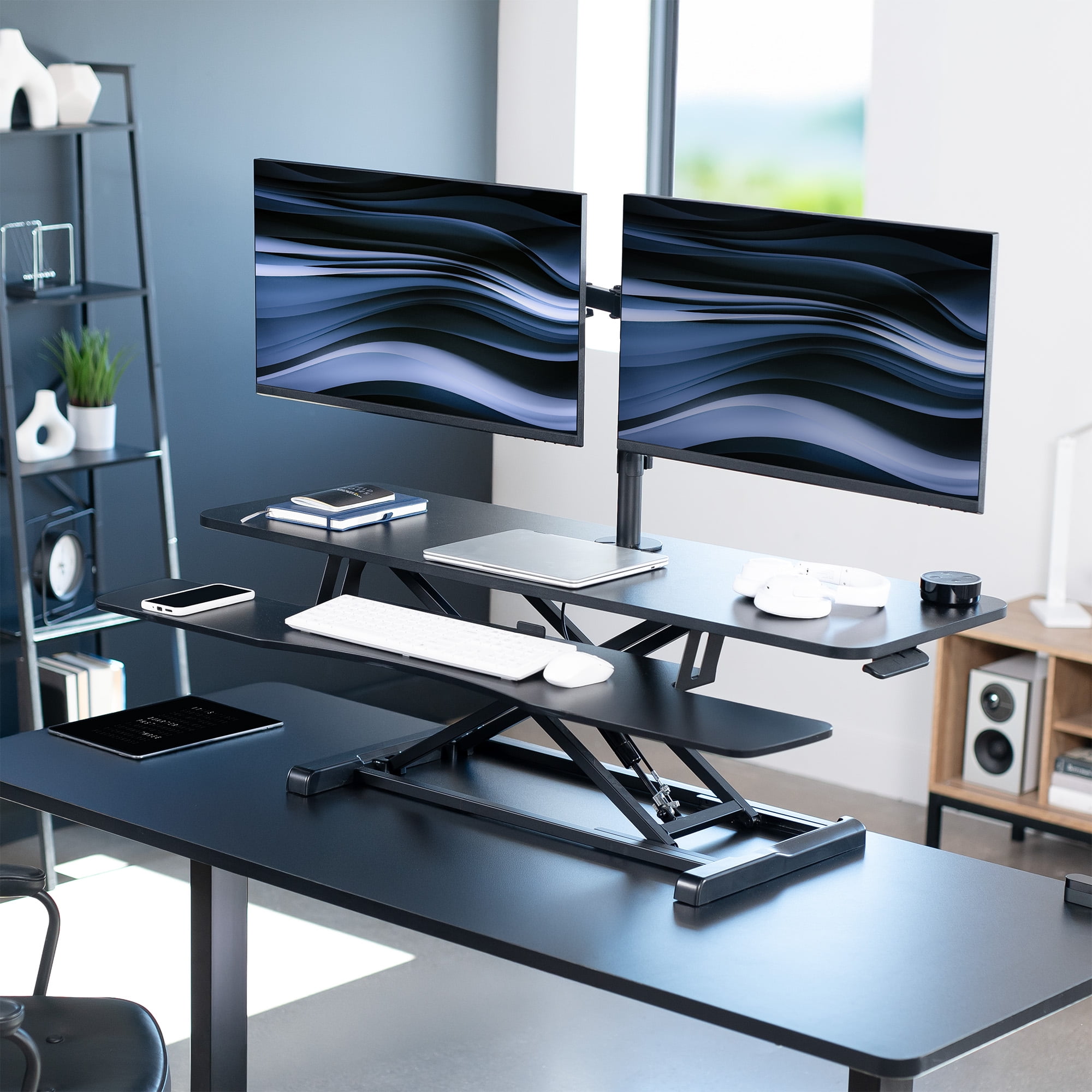 VIVO Black 48" Standing Desk Riser with Adjustable Dual 13" to 30" Monitor Mount