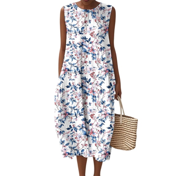Women's Summer Maxi Dress 2060 Sleeveless Round Neck Floral Elegant Temperament Dress Casual Loose Long Beach Sundress Travel Vacation Outfits
