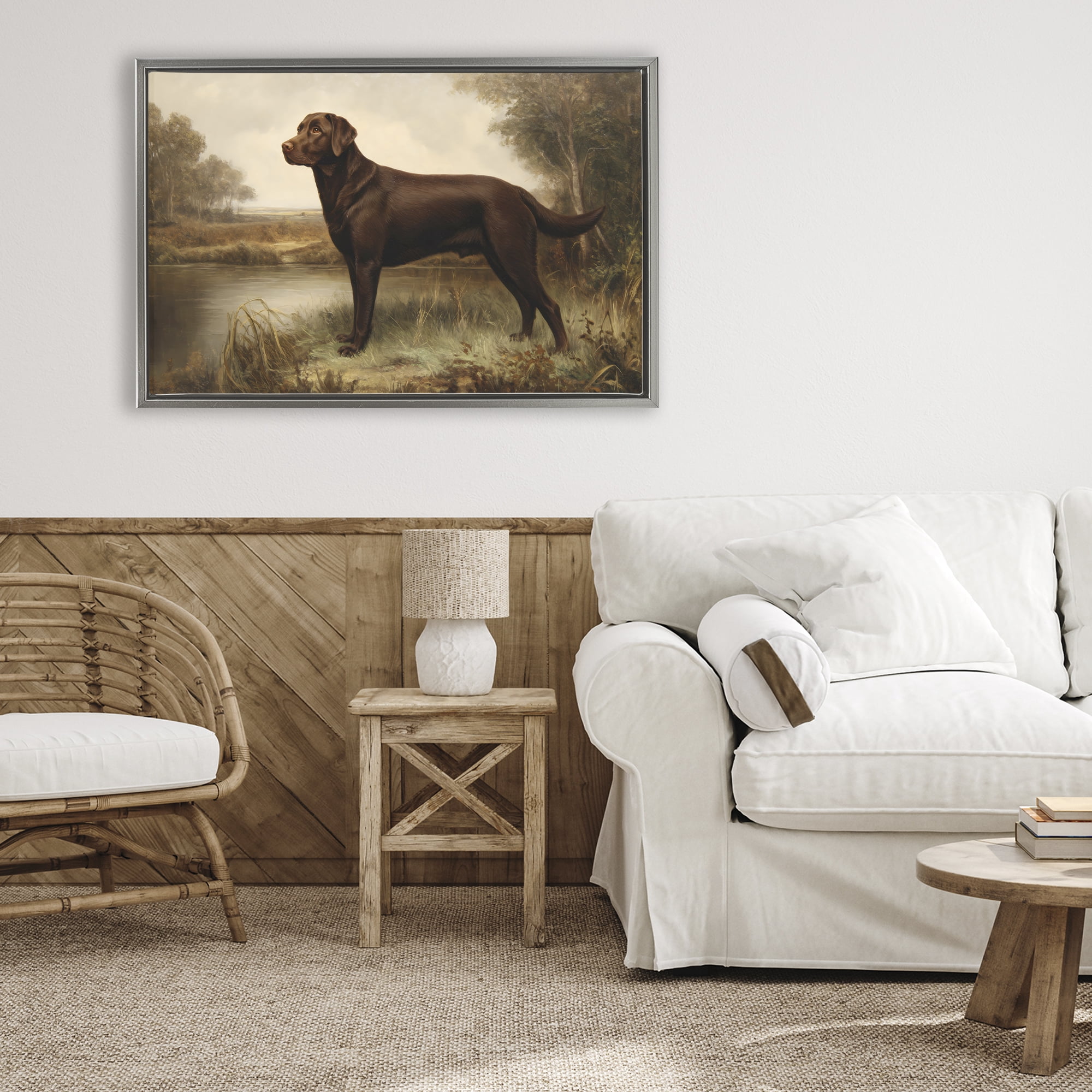 Stupell Industries Brown Lab By The River Gray Framed Floater Canvas Wall Art, design by Petal Prints Design
