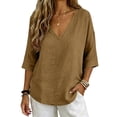 thumbnail image 6 of 3/4 Length Sleeve Womens Tops Ladies Summer Tops Summer Blouses Vacation Outfits Blouses for Women Dressy Casual Linen Shirts Ladies Tops And Blouses Gauze Shirts Women's Oversized T-Shirts Brown L, 6 of 7