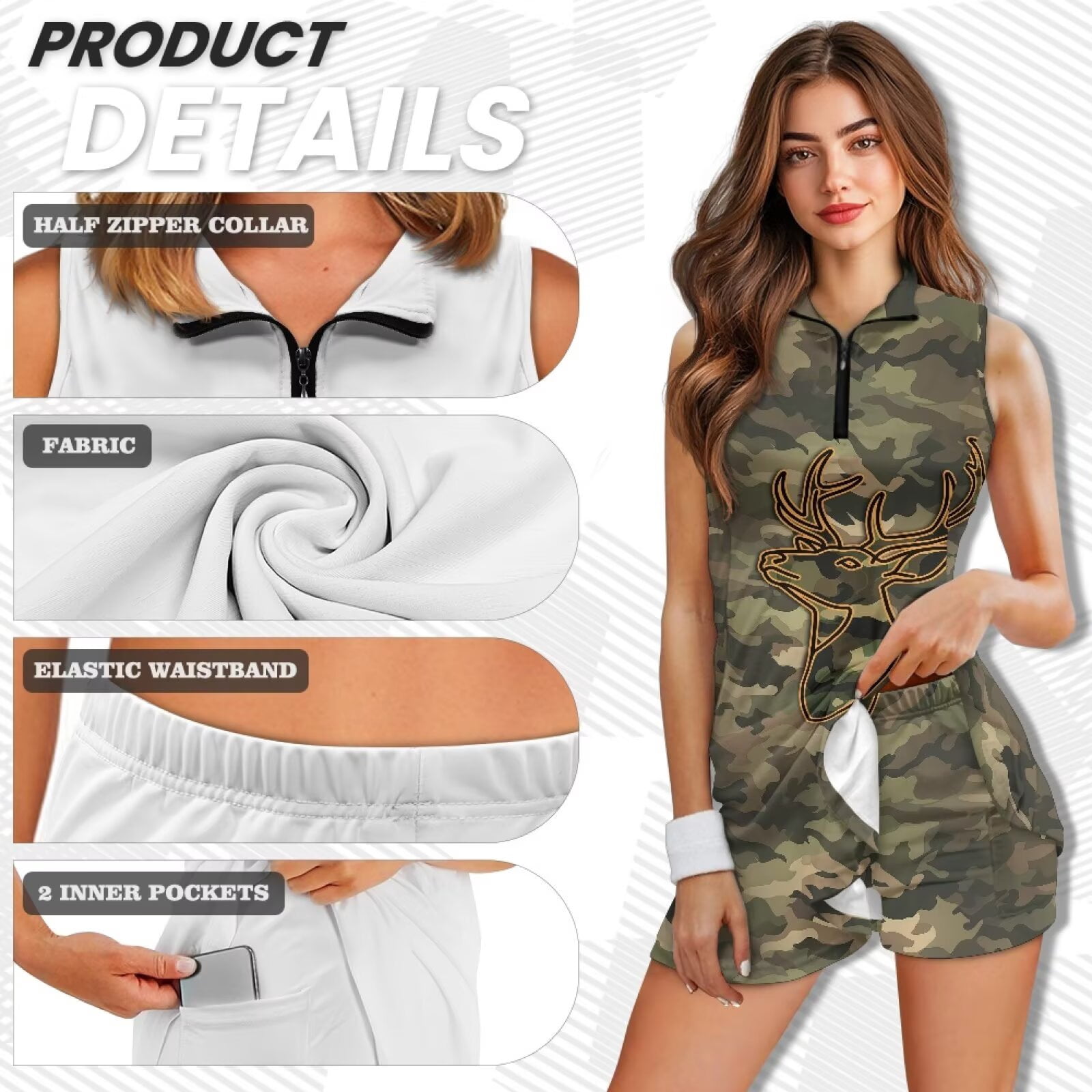 Yuyamidu Camo Deer Womens Workout Golf Dress Zipper Collared Workout Dress Built in Shorts Summer Outfits Dry Fit Golf Clothes for Women Size 2XL