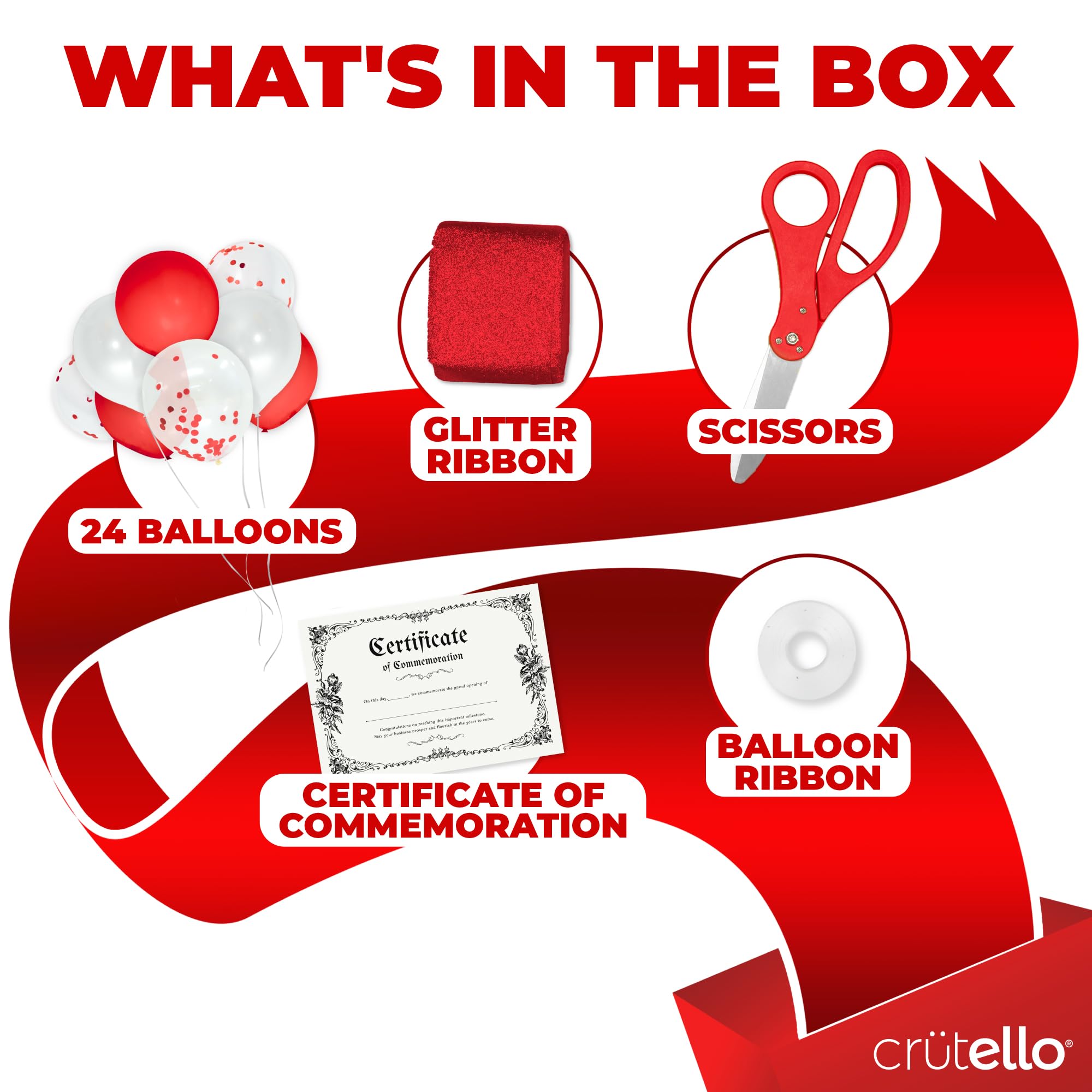 Crutello Ribbon Cutting Ceremony Kit - 20"Giant Scissors with Red Handle, 30ft Sparkle Giant Red Ribbon 4"Wide, 24 Balloons & 90ft Balloon Band for Grand Opening Decorations