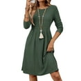 thumbnail image 2 of Women's Casual Sweater Dress Crew Neck Knit Long Sleeve Dress A-Line Knee Length Fall Winter Dress Dark Green XXL, 2 of 7