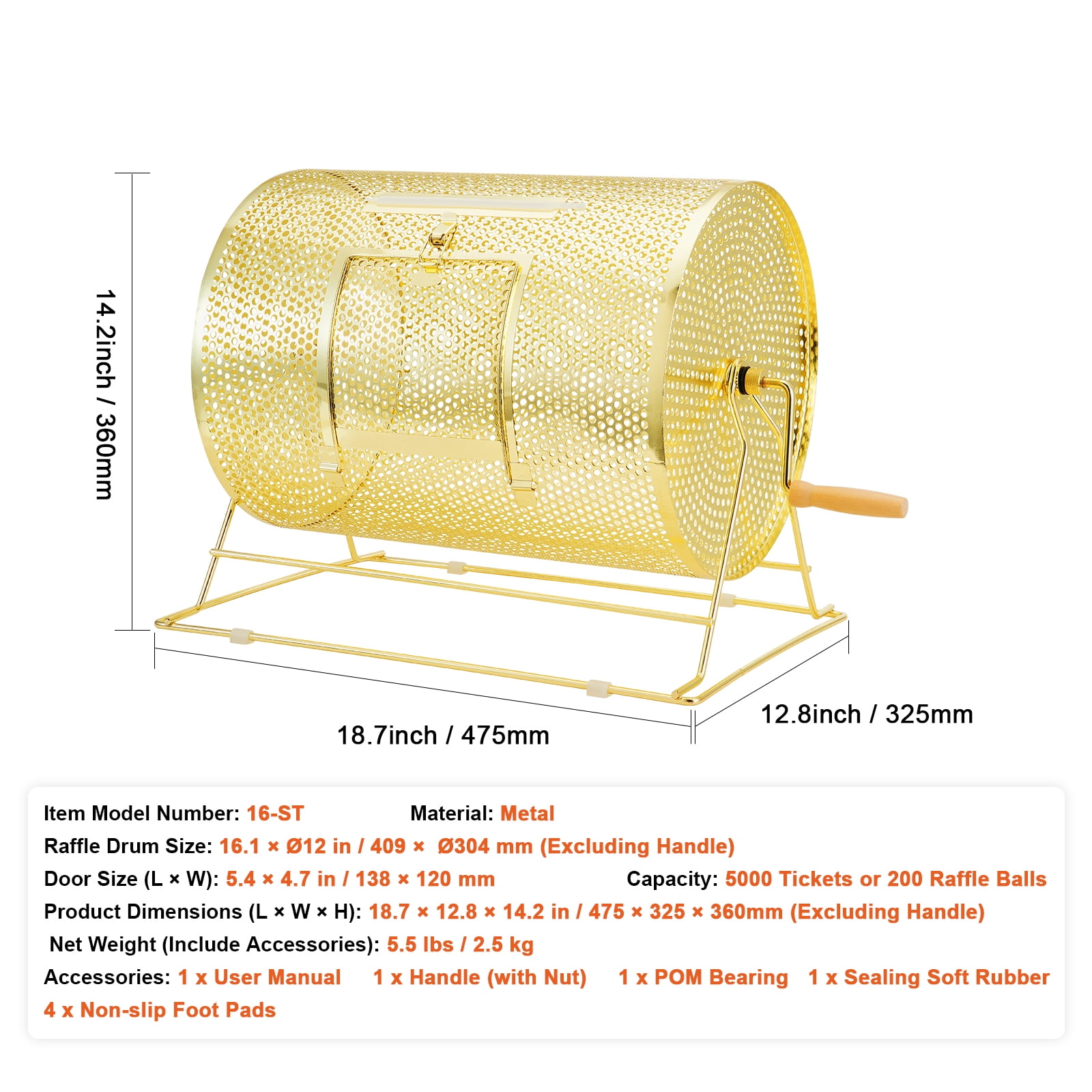 KFFKFF Raffle Drum, Accommodates 5000 Tickets or 200 Table Tennis Balls, Metallic Sweepstakes Rotating Draw with Timber Spin Handle,16.1 x Ø12 inch