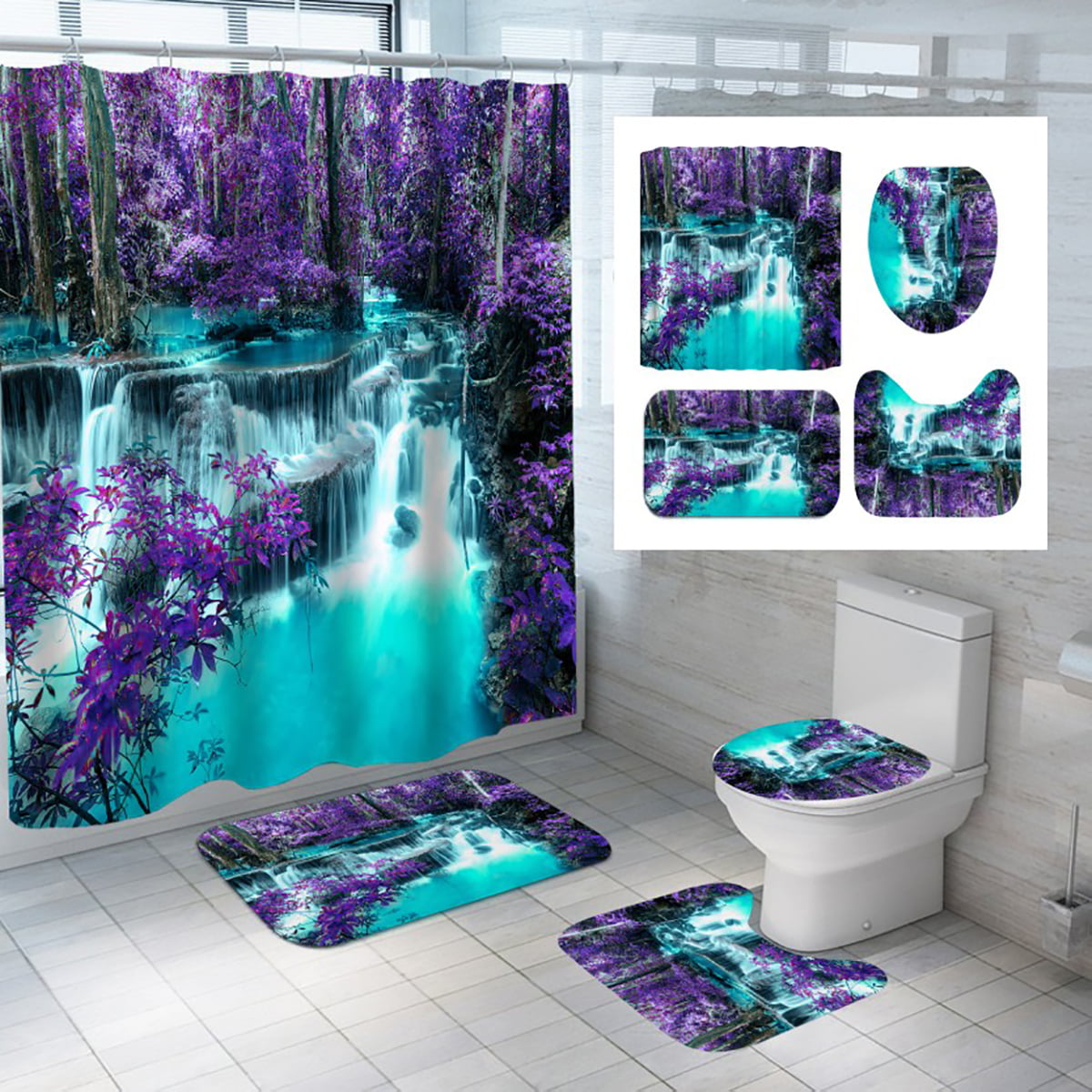 Details about   Landscape Falls Waterproof Shower Curtain Set Bath Mat Lid Cover Bathroom Deco 
