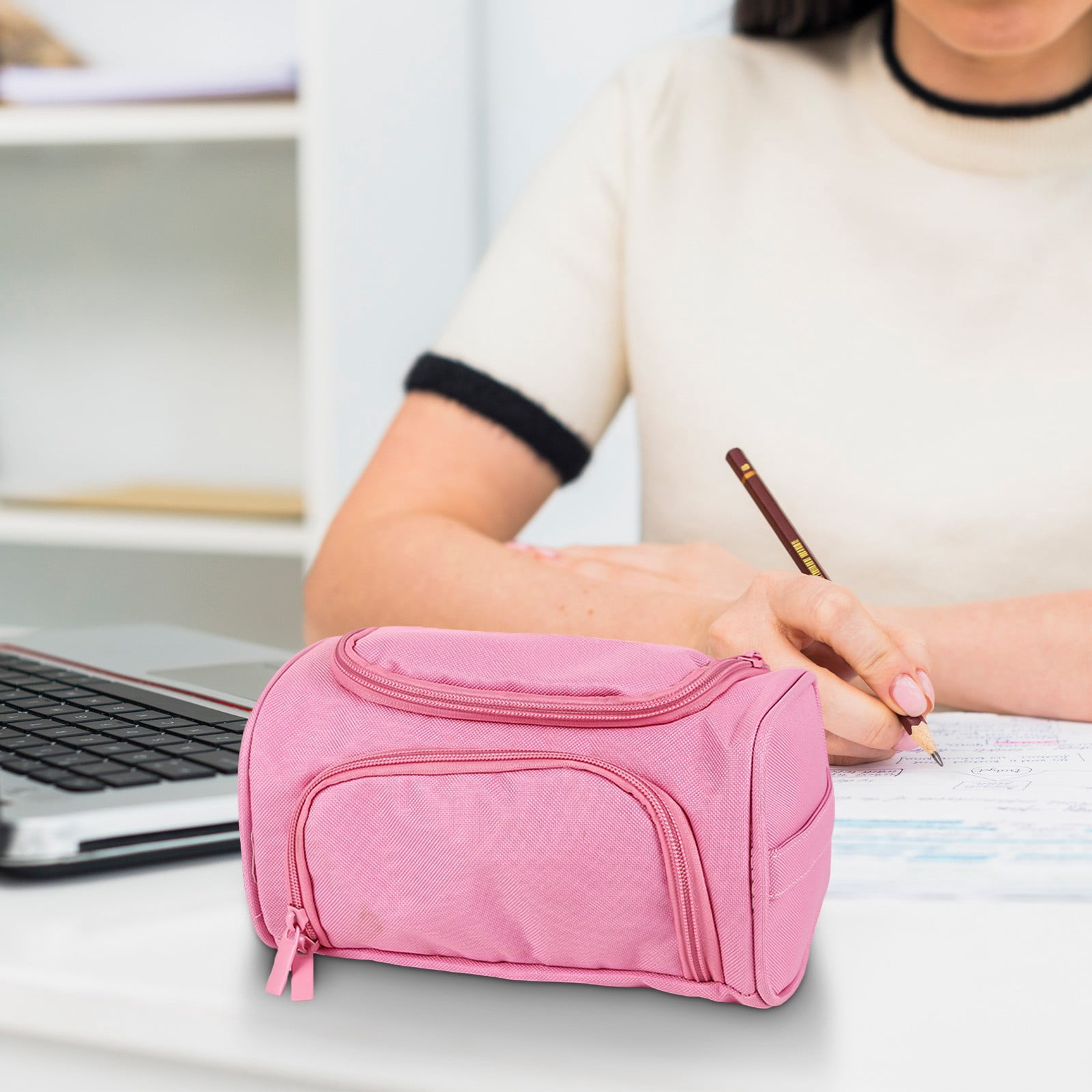 HengDidi Double-Layer Portable Pencil Bag with Side Storage and Carry Handle, Oxford Fabric Organizer for Stationery and Small Accessories