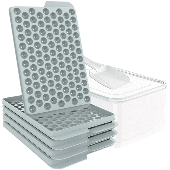 4 Pcs Mini Ice Cube Trays for Freezer with Lid, 104-Grid Crushed Nugget Ice Tray Set with Storage Box and Shovel, Small Round Pebble Ice for Drinks, Food-Safe Plastic, Light Blue