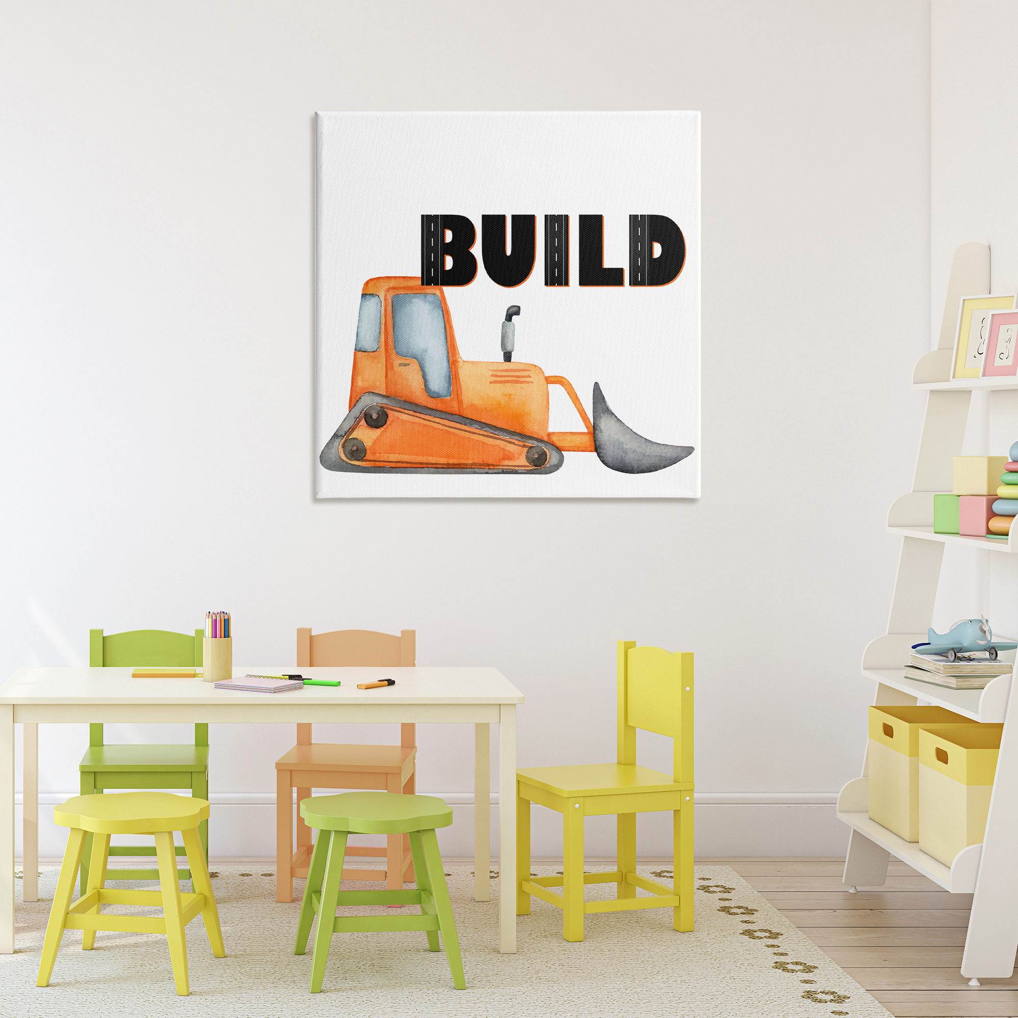 Build with Orange Bulldozer Canvas Wall Art, design by Kim Allen