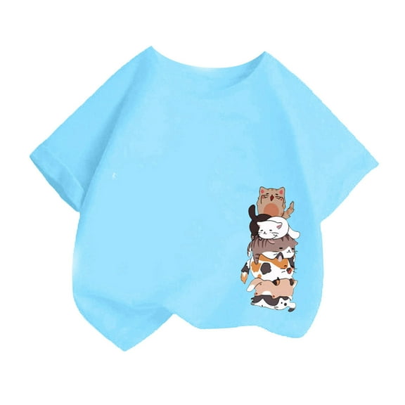 Curuila Kid Girls Tops Cartoon Print Crew Neck Short Sleeve Tee Summer Casual Loose T Shirt Blue Size 4-6 Years