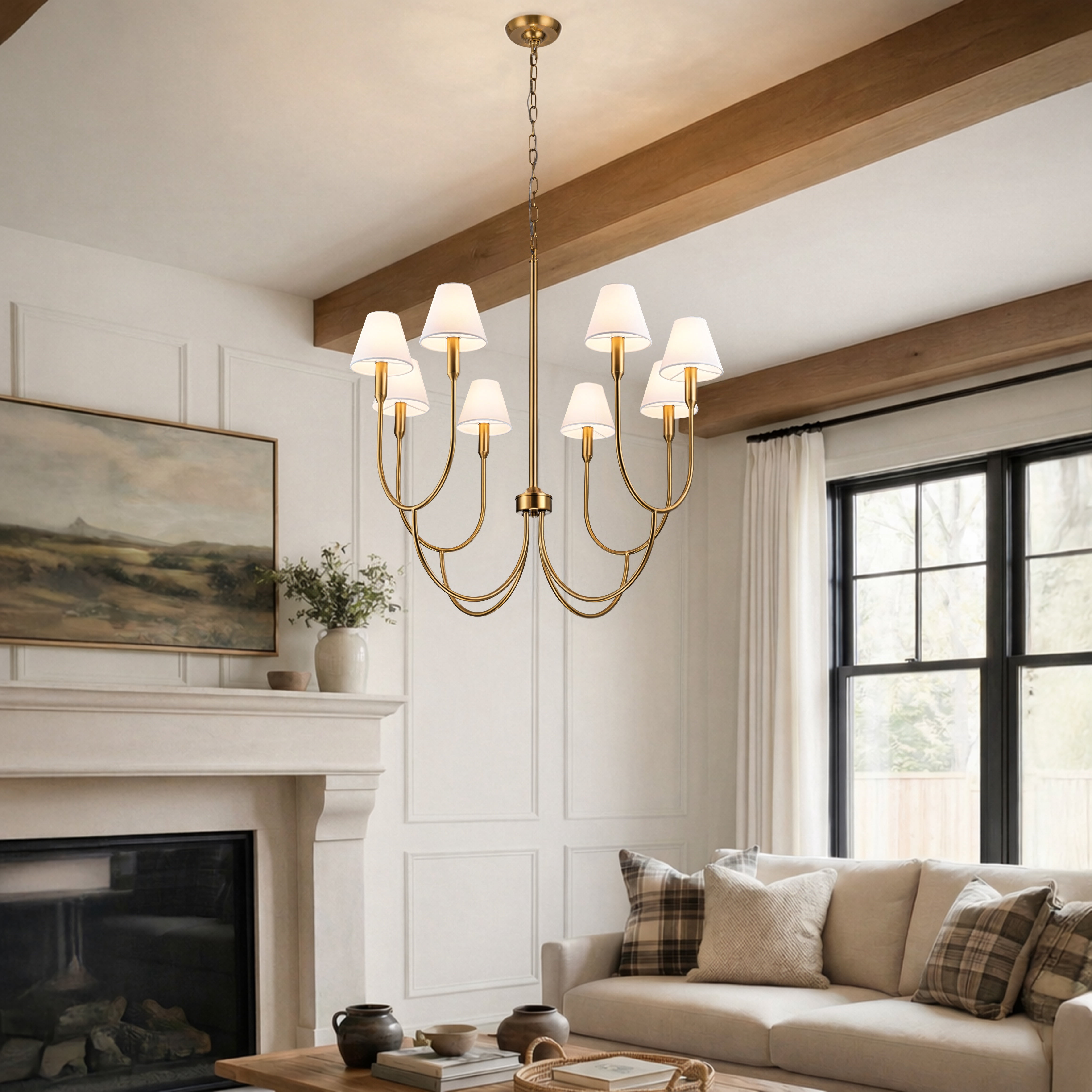 8-Light 32-Inch Mid-century Modern Satin Brass Large Chandelier with White Linen Fabric Shades For Dining Room or Foyers
